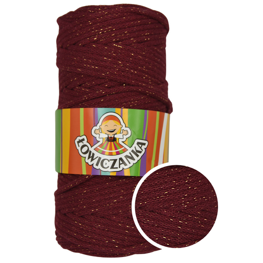 Bomullssnor 5 mm/100m - RØDBET MED GULL GLITTERTRÅD