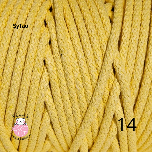 SyTau – Ekstra stiv bomullssnor med polyesterkjerne – 5 mm/100 meter, SMØRGUL 14