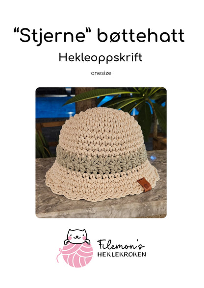 "Stjerne" bøttehatt- hekleoppskrift PDF